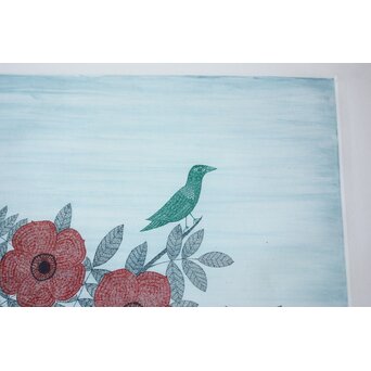 南 桂子 【花と緑色の鳥】 銅版画　Z793 