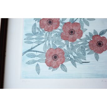 南 桂子 【花と緑色の鳥】 銅版画　Z793 