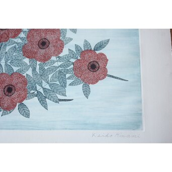 南 桂子 【花と緑色の鳥】 銅版画　Z793 