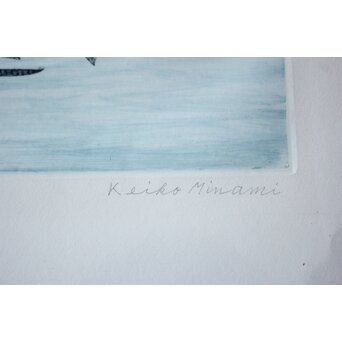 南 桂子 【花と緑色の鳥】 銅版画　Z793 