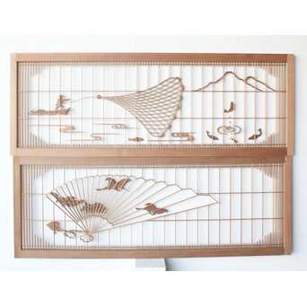 投網図と吉祥紋 大欄間 2枚1組　R0529 ウラ　※本来ガラスが入る仕様ですが　現状は透かし