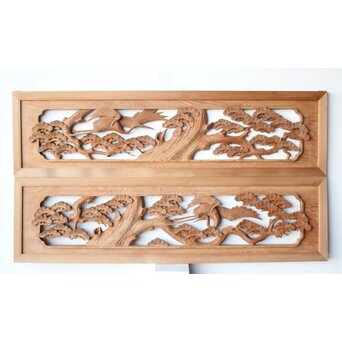 鶴松 深彫木彫欄間 2枚1組　R0530