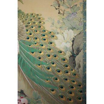 華堂筆 孔雀之図 大幅 絹本軸装 共箱　Z802 