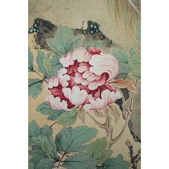 華堂筆 孔雀之図 大幅 絹本軸装 共箱　Z802 