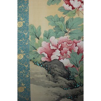 華堂筆 孔雀之図 大幅 絹本軸装 共箱　Z802 