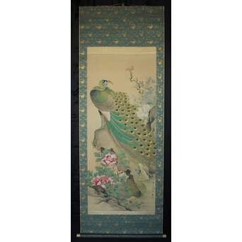 華堂筆 孔雀之図 大幅 絹本軸装 共箱　Z802