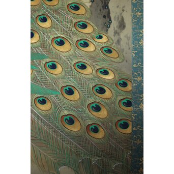 華堂筆 孔雀之図 大幅 絹本軸装 共箱　Z802 