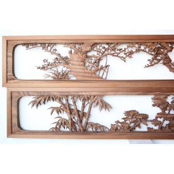 大島五雲 井波彫刻 四君子木彫欄間 2枚1組　R0535 