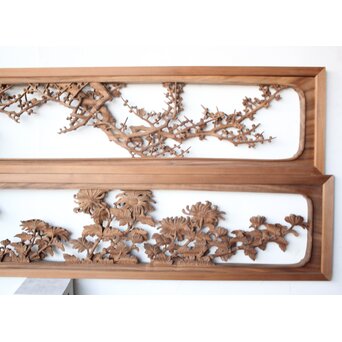 大島五雲 井波彫刻 四君子木彫欄間 2枚1組　R0535 