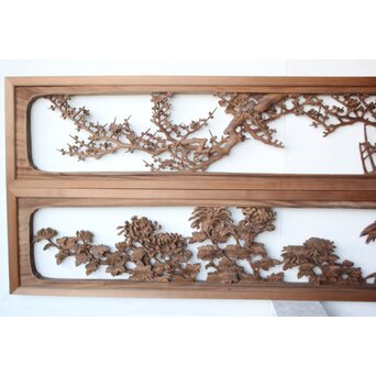 大島五雲 井波彫刻 四君子木彫欄間 2枚1組　R0535 