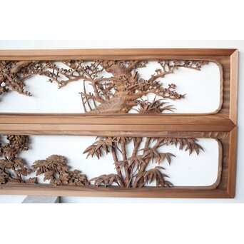 大島五雲 井波彫刻 四君子木彫欄間 2枚1組　R0535 