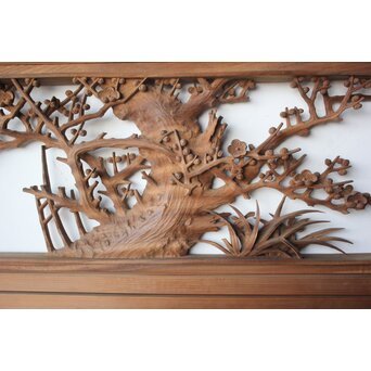 大島五雲 井波彫刻 四君子木彫欄間 2枚1組　R0535 