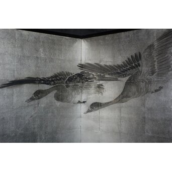 中浜松香 蘆に雁 銀屏風 水墨 八曲一双　Z806 