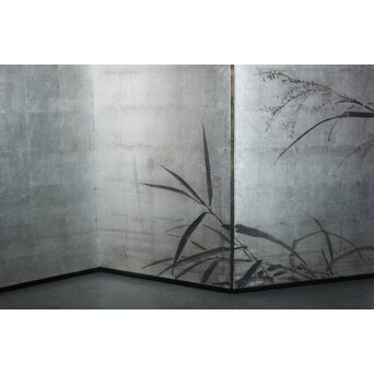 中浜松香 蘆に雁 銀屏風 水墨 八曲一双　Z806 