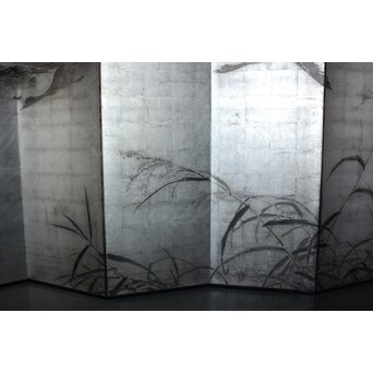 中浜松香 蘆に雁 銀屏風 水墨 八曲一双　Z806 