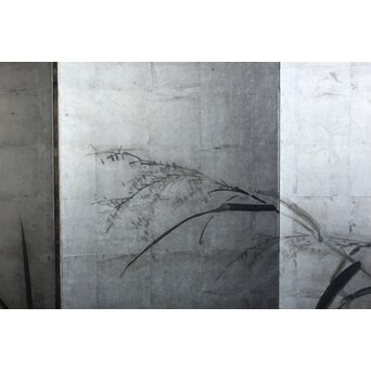 中浜松香 蘆に雁 銀屏風 水墨 八曲一双　Z806 