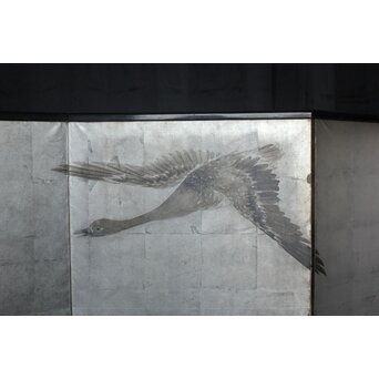 中浜松香 蘆に雁 銀屏風 水墨 八曲一双　Z806 