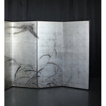 中浜松香 蘆に雁 銀屏風 水墨 八曲一双　Z806 