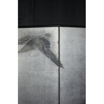 中浜松香 蘆に雁 銀屏風 水墨 八曲一双　Z806 