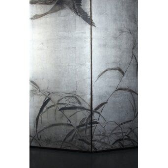 中浜松香 蘆に雁 銀屏風 水墨 八曲一双　Z806 