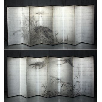 中浜松香 蘆に雁 銀屏風 水墨 八曲一双　Z806