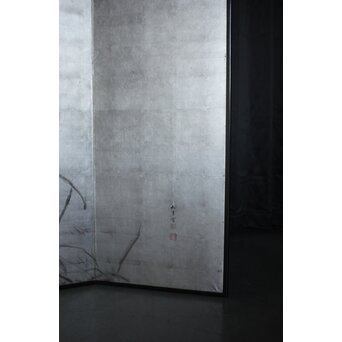 中浜松香 蘆に雁 銀屏風 水墨 八曲一双　Z806 