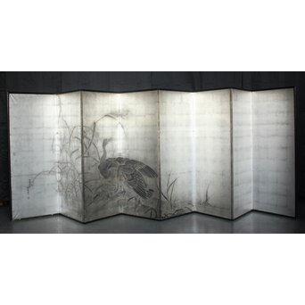 中浜松香 蘆に雁 銀屏風 水墨 八曲一双　Z806 