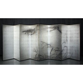 中浜松香 蘆に雁 銀屏風 水墨 八曲一双　Z806 