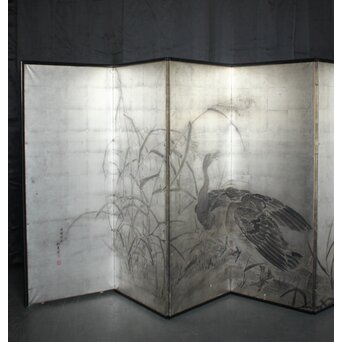 中浜松香 蘆に雁 銀屏風 水墨 八曲一双　Z806 
