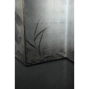 中浜松香 蘆に雁 銀屏風 水墨 八曲一双　Z806 