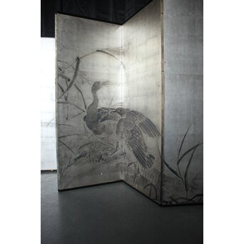 中浜松香 蘆に雁 銀屏風 水墨 八曲一双　Z806 