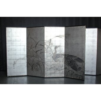 中浜松香 蘆に雁 銀屏風 水墨 八曲一双　Z806 