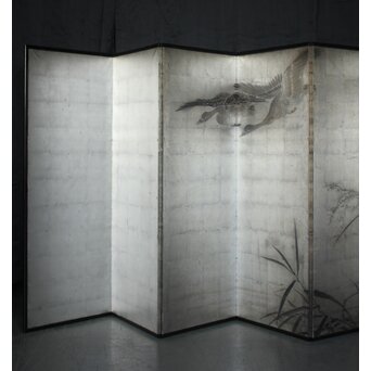 中浜松香 蘆に雁 銀屏風 水墨 八曲一双　Z806 