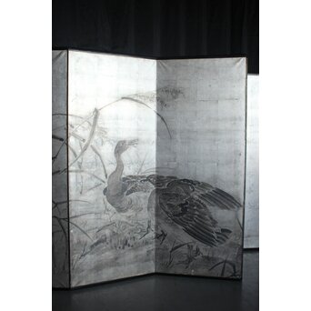 中浜松香 蘆に雁 銀屏風 水墨 八曲一双　Z806 