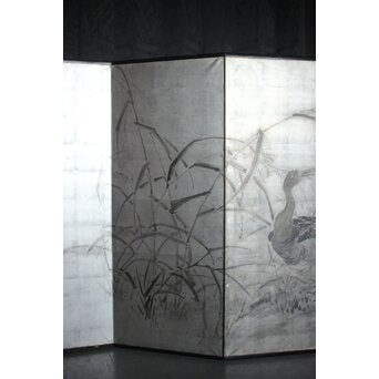 中浜松香 蘆に雁 銀屏風 水墨 八曲一双　Z806 