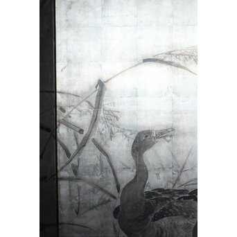 中浜松香 蘆に雁 銀屏風 水墨 八曲一双　Z806 