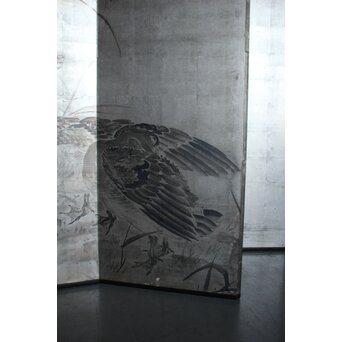 中浜松香 蘆に雁 銀屏風 水墨 八曲一双　Z806 