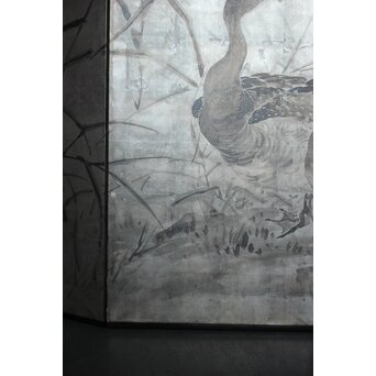 中浜松香 蘆に雁 銀屏風 水墨 八曲一双　Z806 