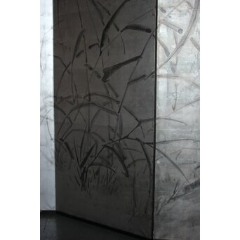 中浜松香 蘆に雁 銀屏風 水墨 八曲一双　Z806 