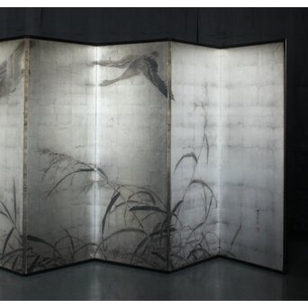 中浜松香 蘆に雁 銀屏風 水墨 八曲一双　Z806 