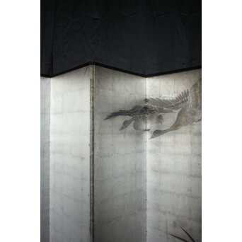 中浜松香 蘆に雁 銀屏風 水墨 八曲一双　Z806 