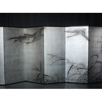 中浜松香 蘆に雁 銀屏風 水墨 八曲一双　Z806 