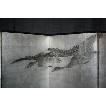 中浜松香 蘆に雁 銀屏風 水墨 八曲一双　Z806 