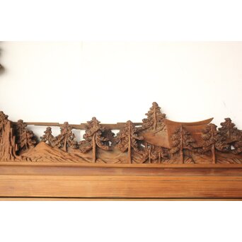 井波彫刻 野村清雲 細密木彫楼閣山水 欄間 2枚1組　R0538 