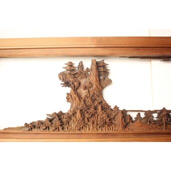 井波彫刻 野村清雲 細密木彫楼閣山水 欄間 2枚1組　R0538 