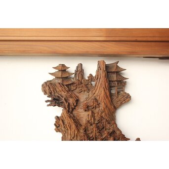 井波彫刻 野村清雲 細密木彫楼閣山水 欄間 2枚1組　R0538 