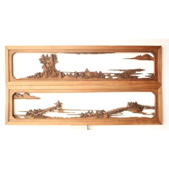 井波彫刻 野村清雲 細密木彫楼閣山水 欄間 2枚1組　R0538