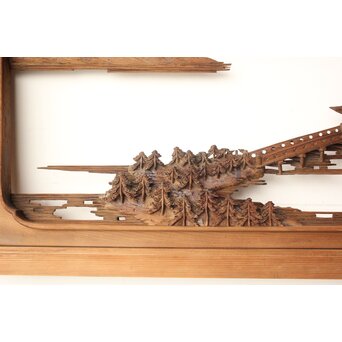 井波彫刻 野村清雲 細密木彫楼閣山水 欄間 2枚1組　R0538 