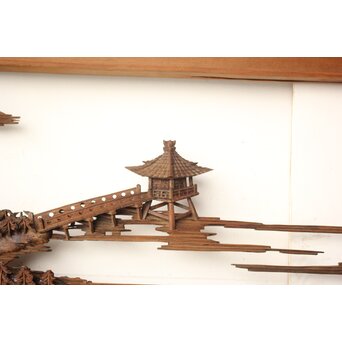井波彫刻 野村清雲 細密木彫楼閣山水 欄間 2枚1組　R0538 
