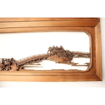 井波彫刻 野村清雲 細密木彫楼閣山水 欄間 2枚1組　R0538 